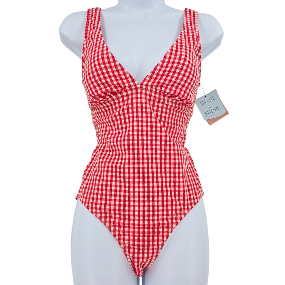 Shade & Shore Womens XS Red White Gingham One Piece Swimsuit NWT